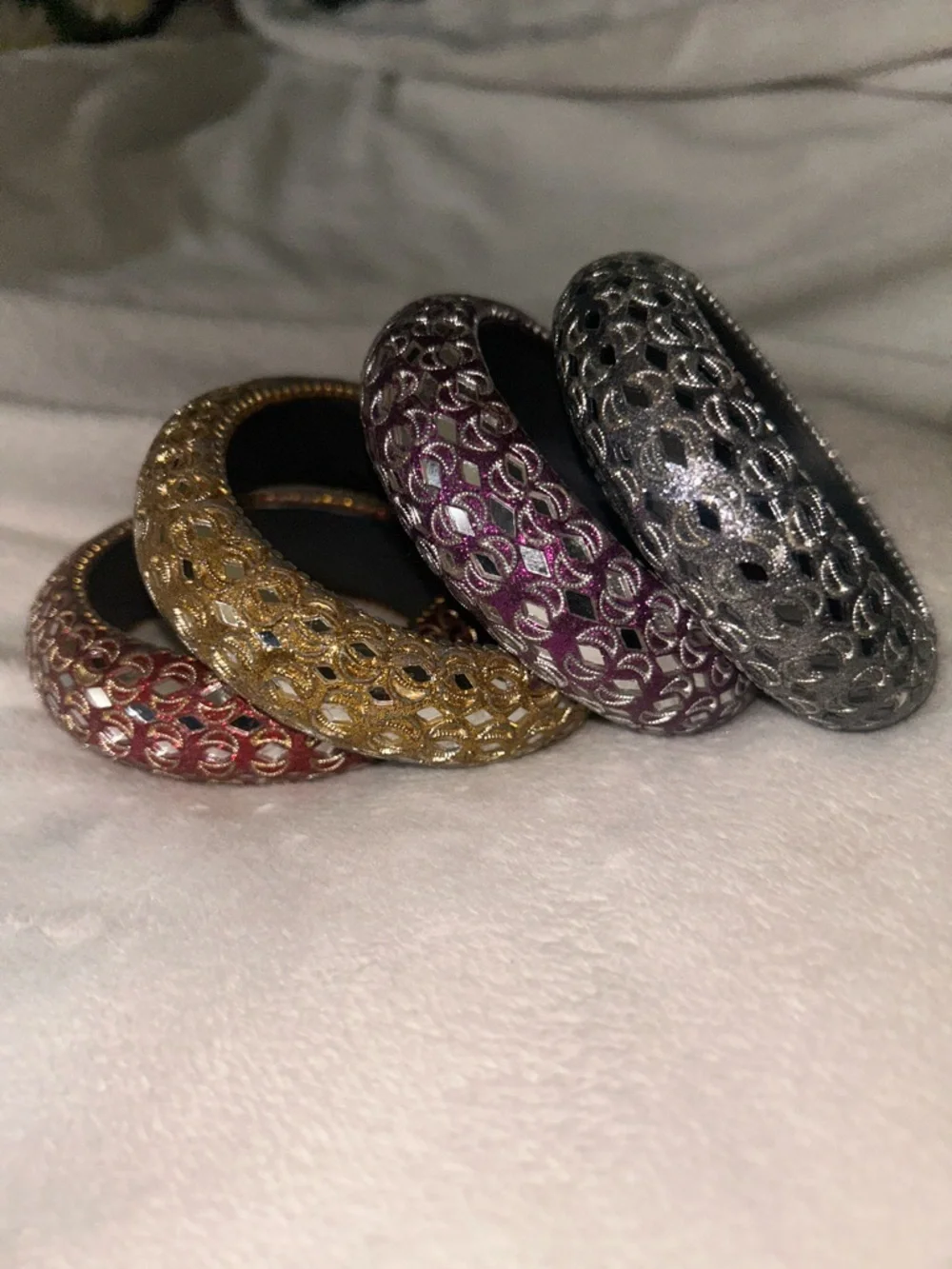 Vintage Stackable Domed Filigree Mirrored Bangle Set - Gold, Silver, Purple, Red